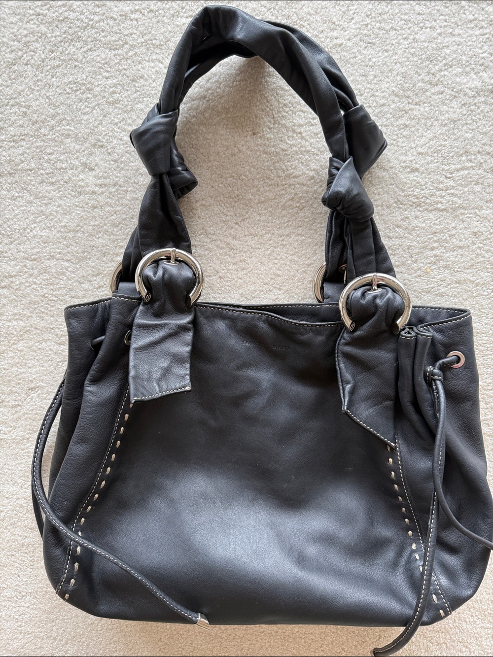 Francesco Biasia Black Leather Knotted-Handle Shoulder Bag with Tan Stitching